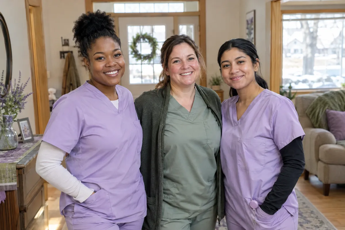 Three GreaterCare caregivers smiling in the entryway of a home