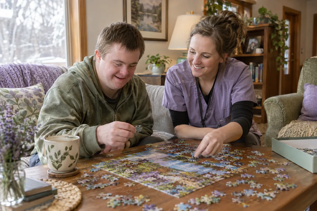 A resident and caregiver working on a jigsaw puzzle together