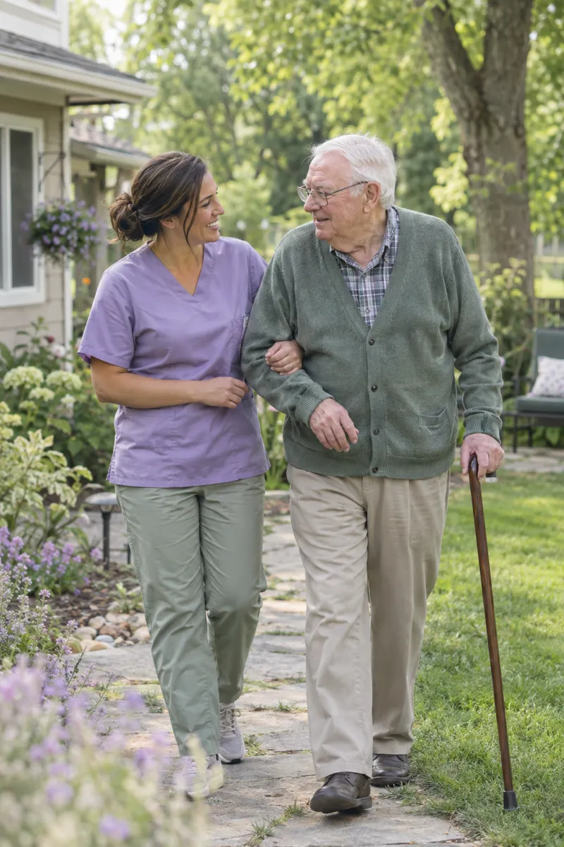 A caregiver and resident walking together through a backyard garden