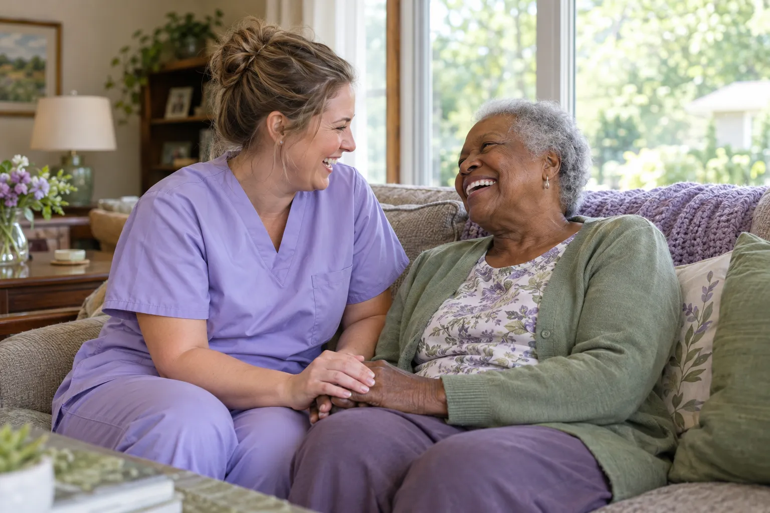 A GreaterCare caregiver holding hands and laughing with a resident on the living room sofa