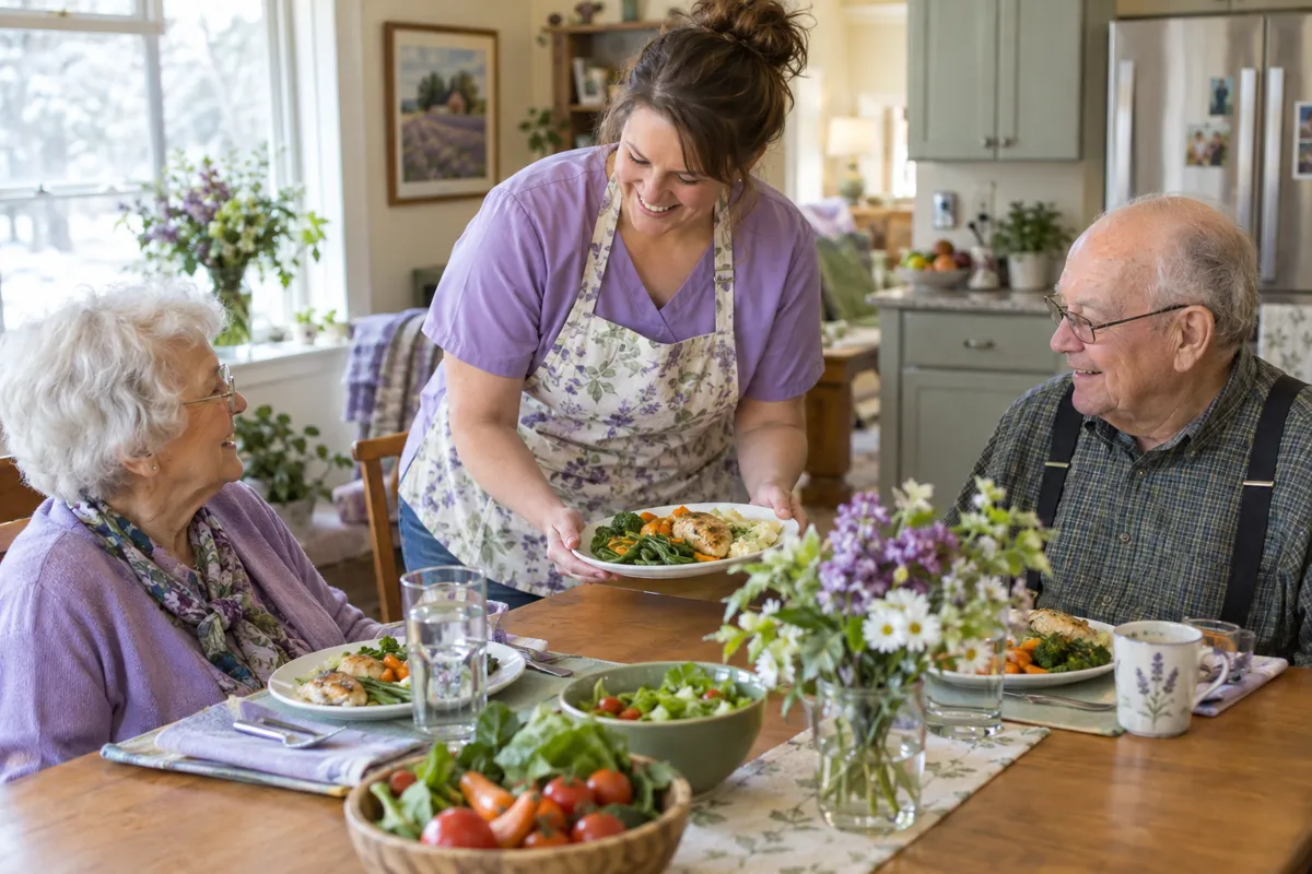 A caregiver serving a home-cooked meal to two residents at the dining table