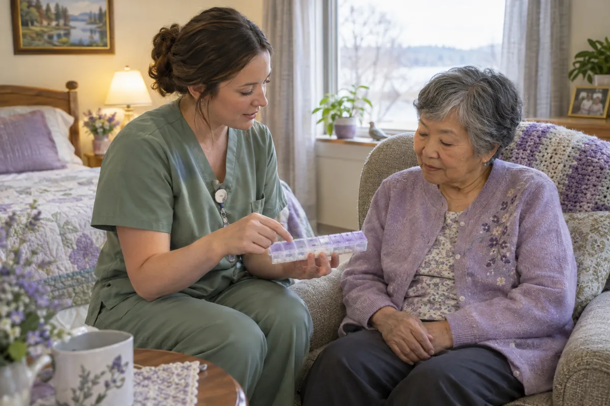 A nurse reviewing a weekly pill organizer with a resident in her room